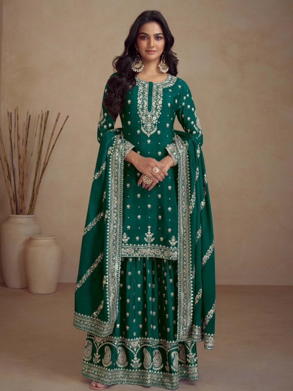 Teal Green Heavy Silk Designer Sharara Suit